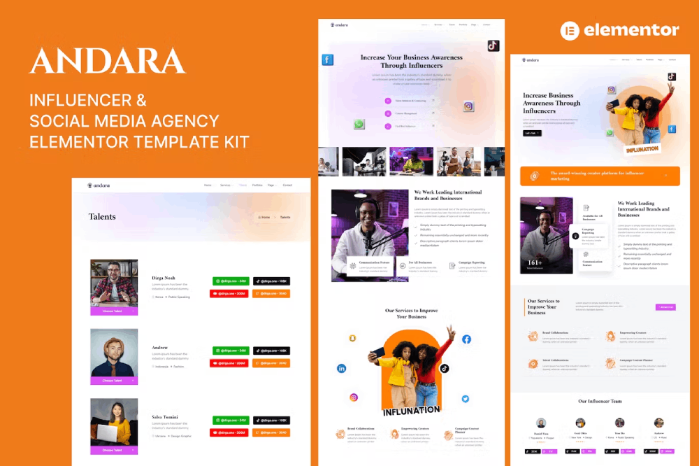 Andara Influencer Social Media Agency Template Elementor
